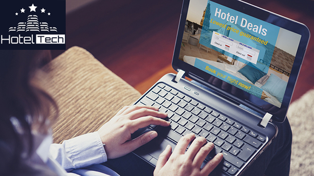 Woman searching a hotel for vacation. Booking template designed